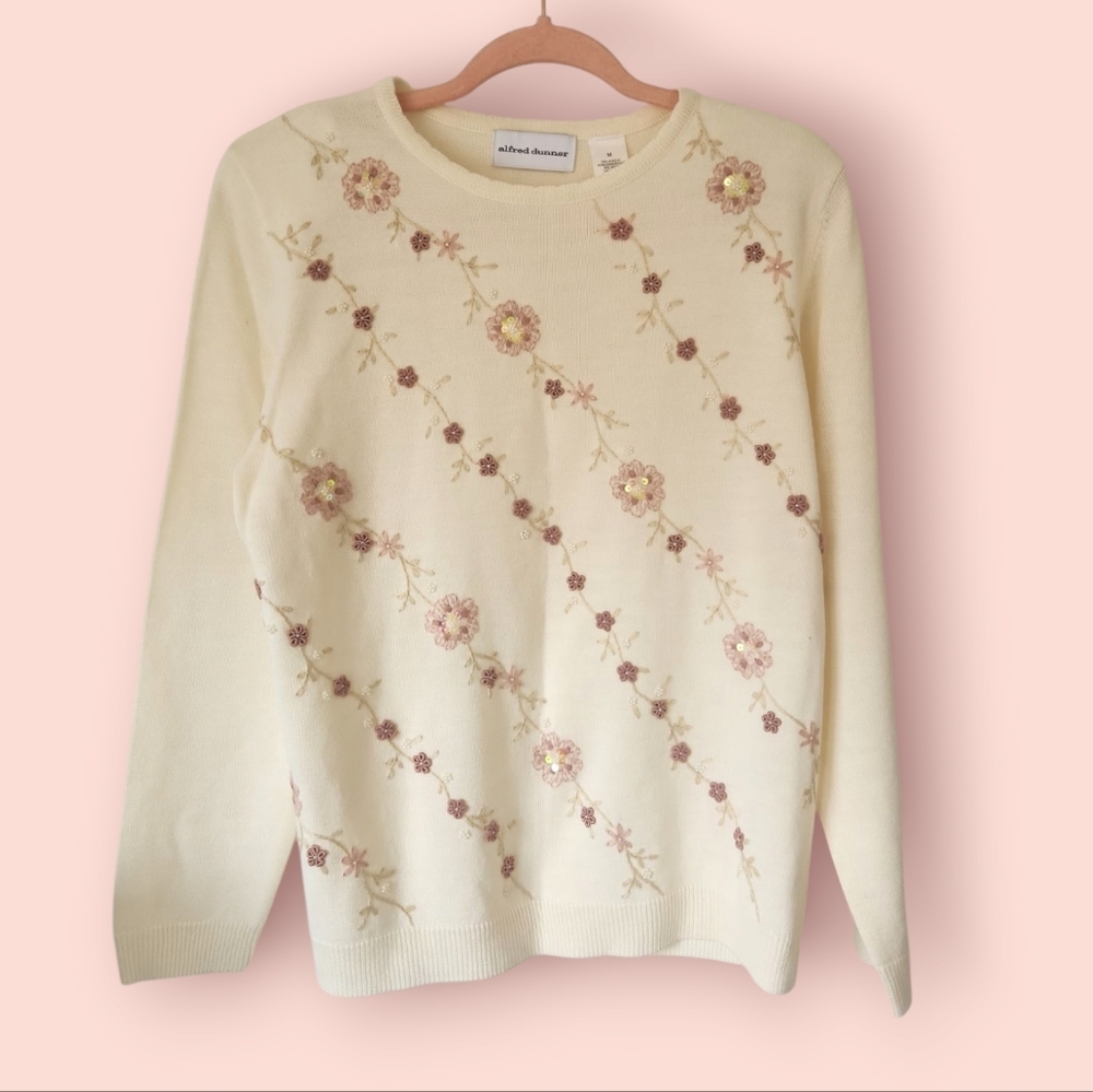 Vintage Floral‎ Sequins Embroidered Grandma Sweater Knit 90s
